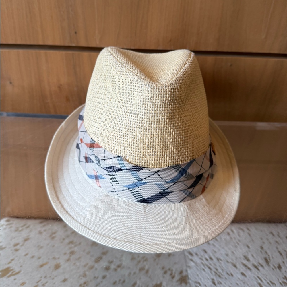 Pre-Loved Roots Cream Straw Fedora with Blue and Orange Striped Geometric Band